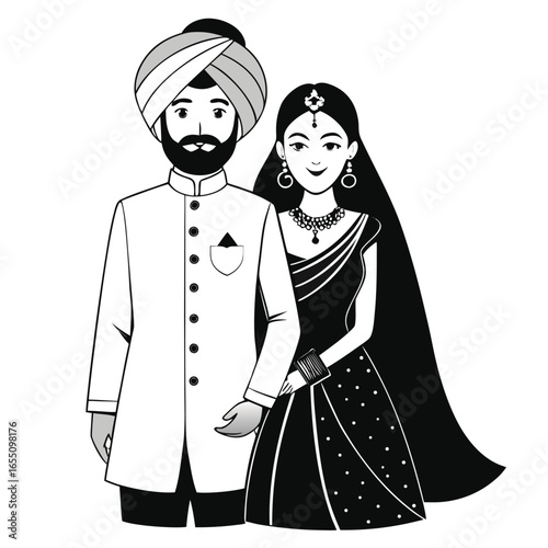 Traditional Indian Wedding Couple in Elegant Attire A Heartwarming Depiction of Love and Cultural Heritage Black and White Art