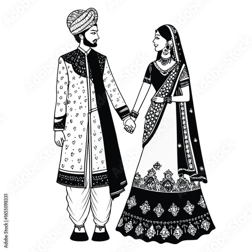 Traditional Indian Wedding Couple in Elegant Attire A Heartwarming Depiction of Love and Cultural Heritage Black and White Art