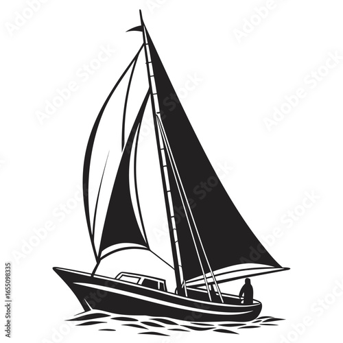 Sailing boat with lowered sails silhouette