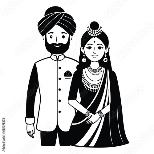 Traditional Indian Wedding Couple in Elegant Attire A Heartwarming Depiction of Love and Cultural Heritage Black and White Art