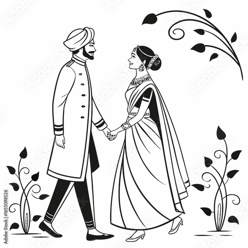 Traditional Indian Wedding Couple in Elegant Attire A Heartwarming Depiction of Love and Cultural Heritage Black and White Art
