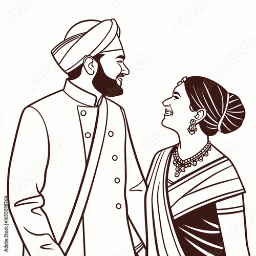 Traditional Indian Wedding Couple in Elegant Attire A Heartwarming Depiction of Love and Cultural Heritage Black and White Art