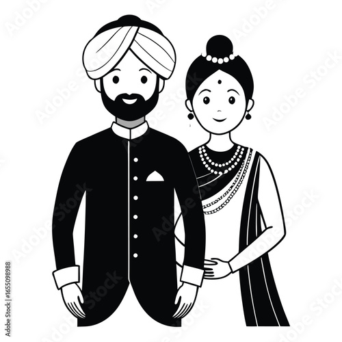 Traditional Indian Wedding Couple in Elegant Attire A Heartwarming Depiction of Love and Cultural Heritage Black and White Art