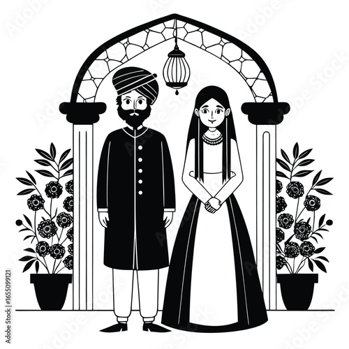 Traditional Indian Wedding Illustration Featuring Bride and Groom Under a Floral Mandap for Celebration and Cultural Representation