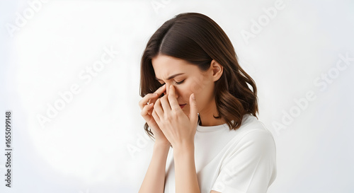 Woman experiencing sinus pain headache pressure relief remedies treatment healthcare medical symptom migraine allergy