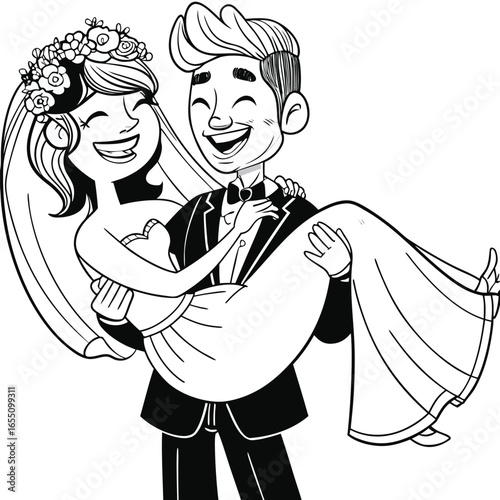 Joyful Wedding Celebration A Groom Carries His Bride in Happiness and Love Black and White Line Art