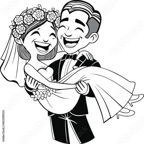 Joyful Wedding Celebration A Groom Carries His Bride in Happiness and Love Black and White Line Art
