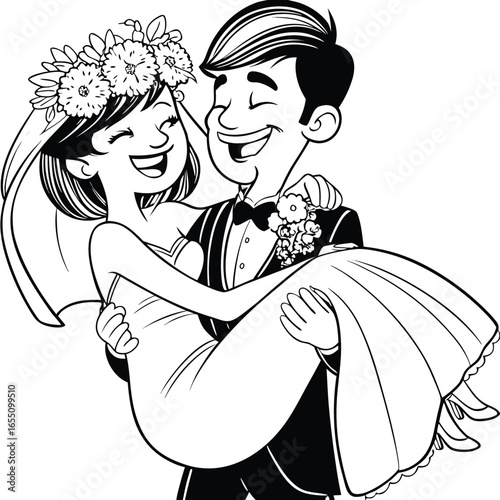 Joyful Wedding Celebration A Groom Carries His Bride in Happiness and Love Black and White Line Art