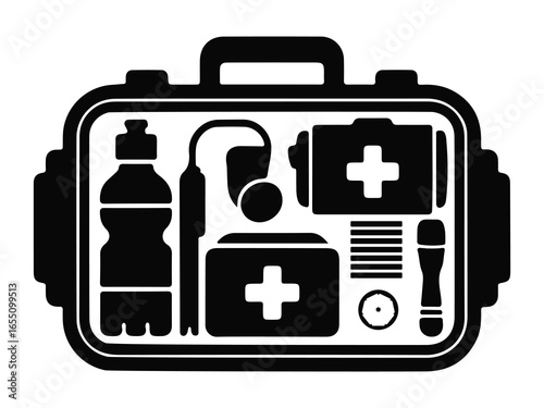 First aid kit with medical supplies and water bottle emergency kit health