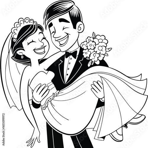 Joyful Wedding Celebration A Groom Carries His Bride in Happiness and Love Black and White Line Art
