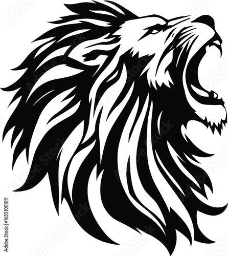 Fotografie Lion Head Profile Vector Illustration – Fierce Black and White Mane with Open Mo
