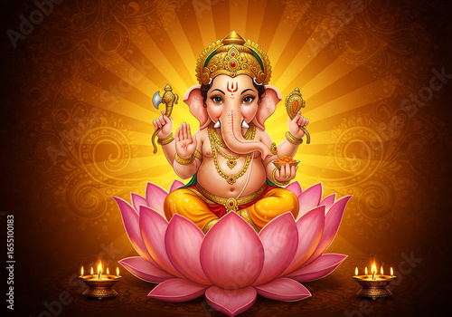 Smiling Bal Ganapati Sitting on Lotus Flower with Warm Radiant Background and Decorative Floral Patterns