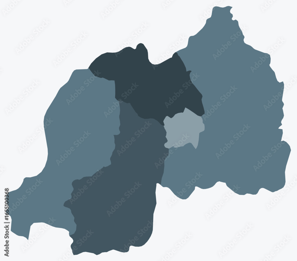 Obraz premium Map of Rwanda with regions. Just a simple country border map with region division. Blue grey color palette. Flat Republic of Rwanda shape with administrative division. Vector illustration.