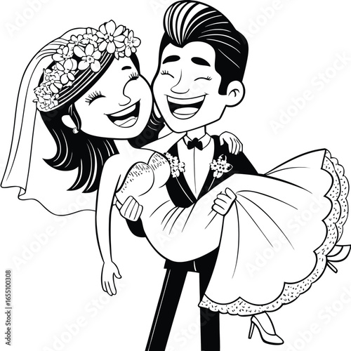 Joyful Wedding Celebration A Groom Carries His Bride in Happiness and Love Black and White Line Art