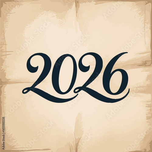A vector illustration of the year "2026" rendered in elegant handwritten calligraphy, gracefully flowing in an ink-style script with decorative flourishes