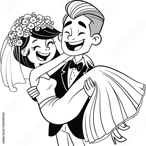 Joyful Wedding Celebration A Groom Carries His Bride in Happiness and Love Black and White Line Art
