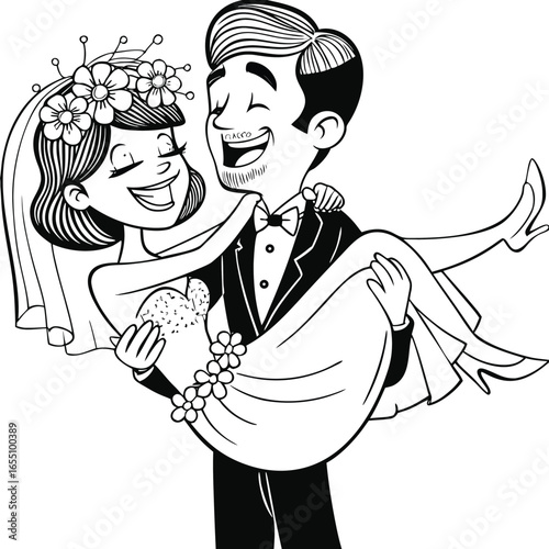 Joyful Wedding Celebration A Groom Carries His Bride in Happiness and Love Black and White Line Art
