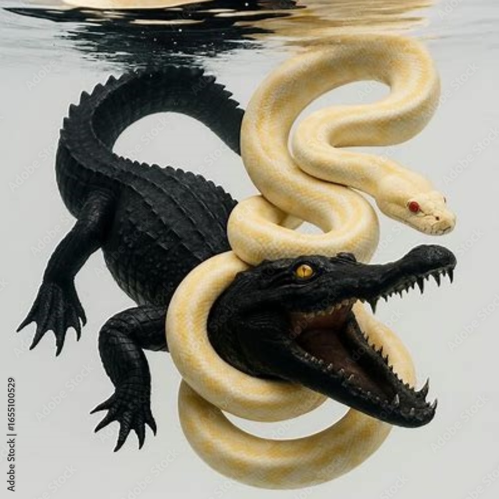 Naklejka premium Snake and crocodile in the water