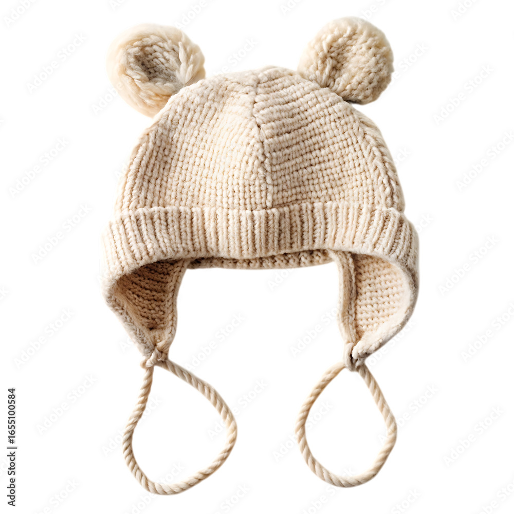 Fototapeta premium Knitted baby hat with ear flaps isolated on transparent background for winter