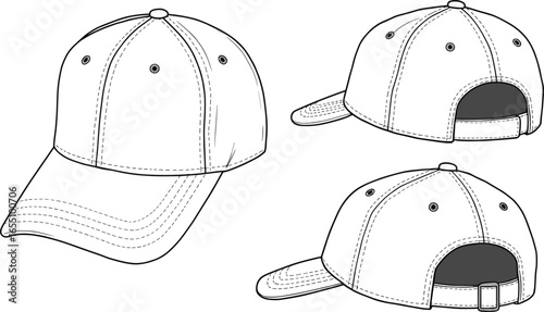 Baseball cap vector flat sketch, hat technical drawing template, fashion accessory design mockup, adjustable cap illustration