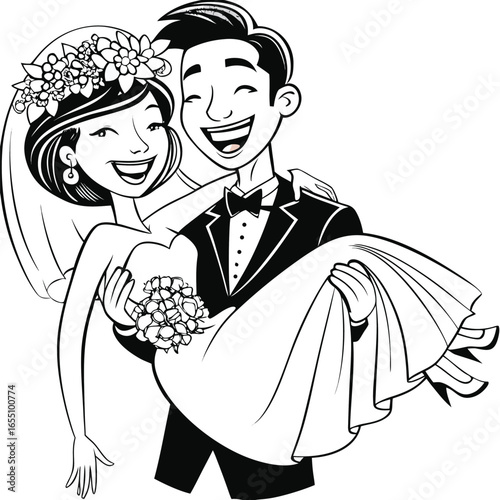 Joyful Wedding Celebration A Groom Carries His Bride in Happiness and Love Black and White Line Art