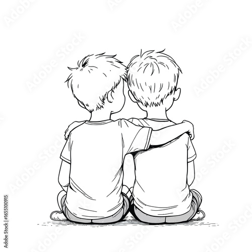 Children Sitting Together Line Art – Tender Back View of Friendship and Comfort in Minimalist Black and White Illustration