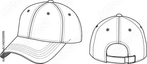 Baseball cap vector template, front and back hat sketch, fashion accessory design illustration for apparel industry