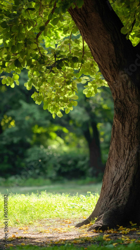 Sunlight illuminates lush green leaves on branches of large tree in park, creating tranquil scene of natural beauty