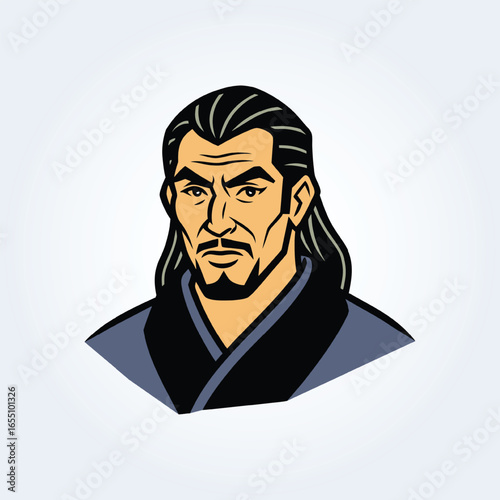 A character illustration of a samurai man in a blue suit with long hair and a serious face