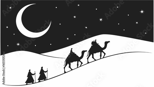 Silhouette of camels and travelers under a starry night sky with a crescent moon in the desert landscape created with generated ai