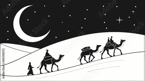 Silhouette of a caravan with camels and people under the moon and stars in the desert night scene created with generated ai