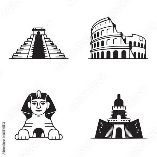 Ancient monuments pyramid coliseum sphinx tower vector