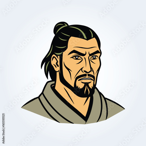 A character illustration of a samurai man in a grey suit with long hair and a serious face