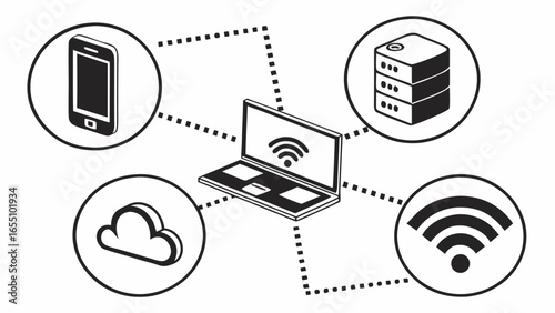 Illustration depicting laptop connected to phone cloud server and wifi signal with dotted lines created with generated ai