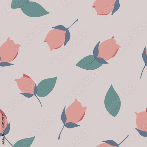 Softly faded rosebud floral seamless pattern in delicate pastel hues