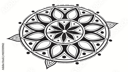 Circular mandala design with floral and dot patterns in black and white illustration style artwork created with generated ai