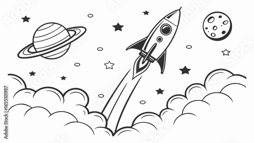 A rocket ship blasting off through clouds with stars moon and saturn in a monochrome line drawing style created with generated ai