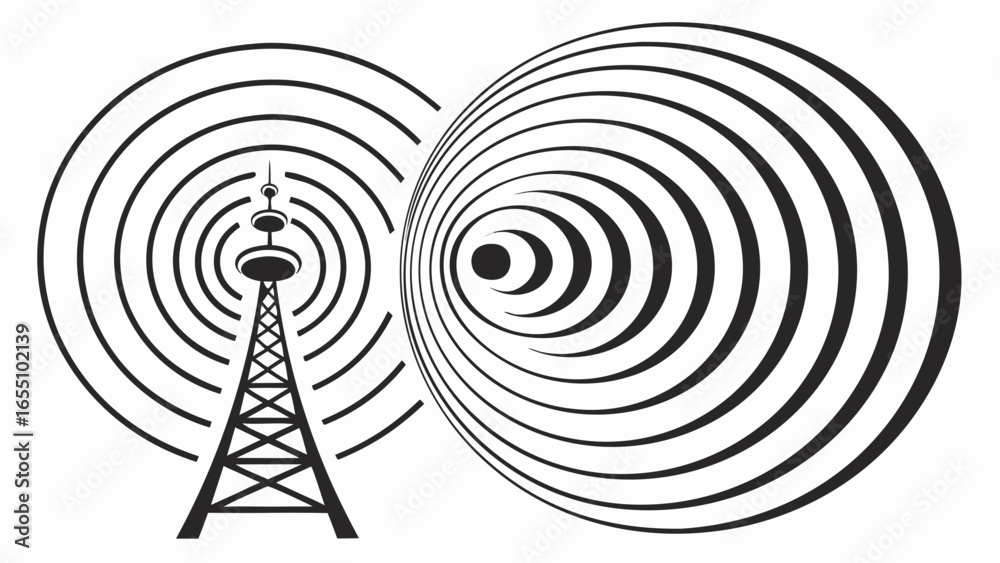 Illustration of a radio tower emitting concentric waves in black and white monochrome design style created with generated ai Illustration of a radio tower emitting concentric waves in black and white monochrome design style created with generated ai