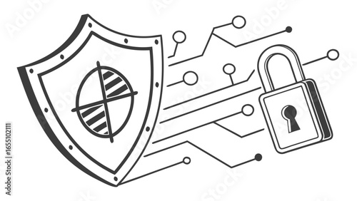 Illustration of a shield with a target symbol next to a padlock connected by lines and circles created with generated ai