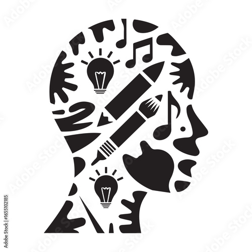 Creative mind with artistic tools and musical notes head silhouette creativity