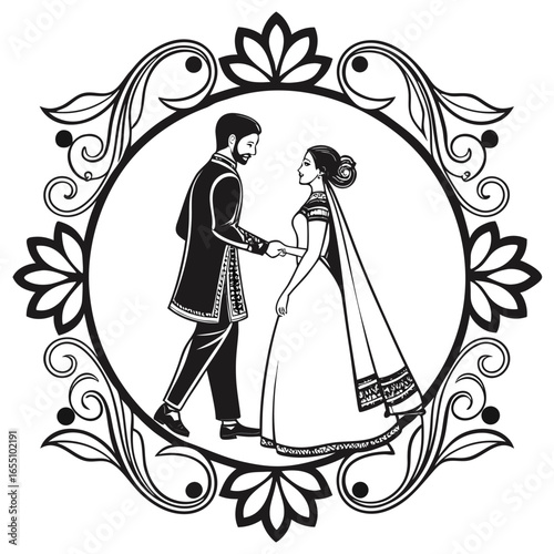 Elegant Wedding Celebration Black and White Line Art Featuring a Romantic Couple Embraced Within a Floral Heart
