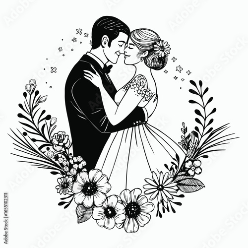 Elegant Wedding Celebration Black and White Line Art Featuring a Romantic Couple Embraced Within a Floral Heart