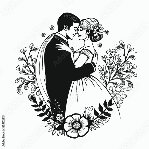 Elegant Wedding Celebration Black and White Line Art Featuring a Romantic Couple Embraced Within a Floral Heart