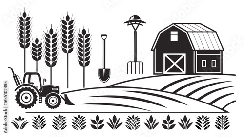 Black and white farm scene with tractor barn wheat shovel and pitchfork on a field landscape view created with generated ai