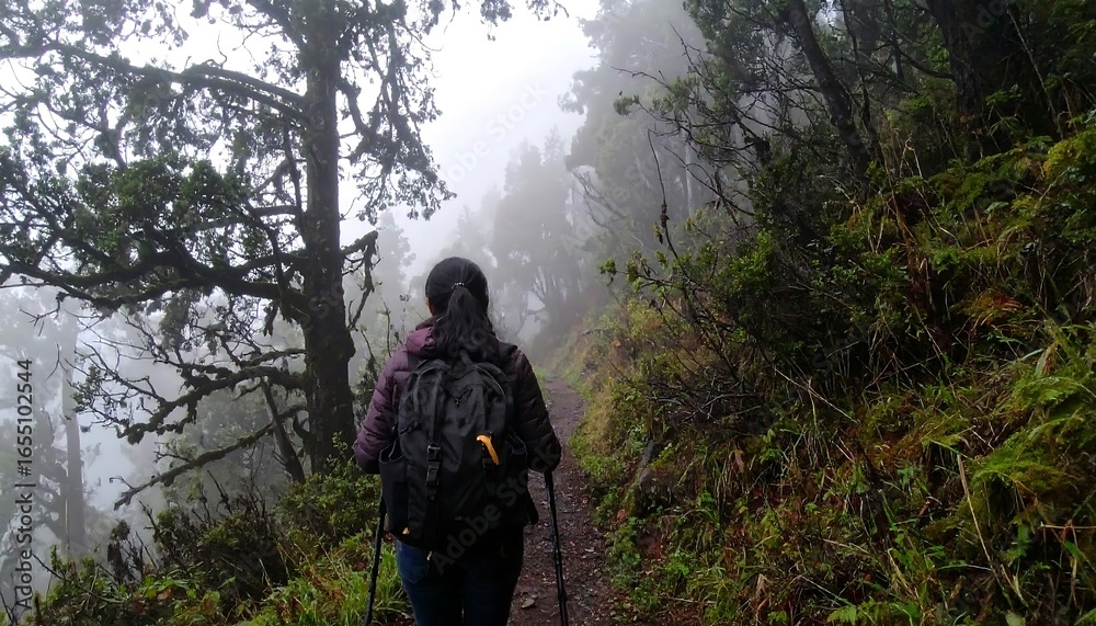 Obraz premium A person hikes along a misty forest trail, shrouded in dense greenery and soft light.