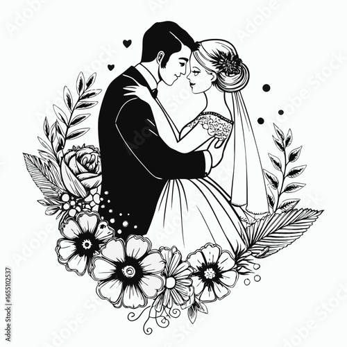 Elegant Wedding Celebration Black and White Line Art Featuring a Romantic Couple Embraced Within a Floral Heart