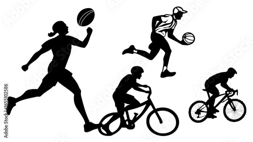 Wallpaper Mural Silhouettes of athletes playing rugby basketball and riding bicycles in various action poses black and white created with generated ai Torontodigital.ca