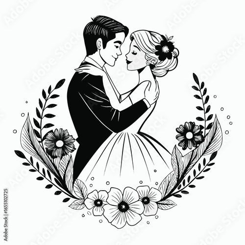 Elegant Wedding Celebration Black and White Line Art Featuring a Romantic Couple Embraced Within a Floral Heart