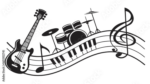 Illustration of musical instruments including a guitar drums and piano keys on a music staff created with generated ai