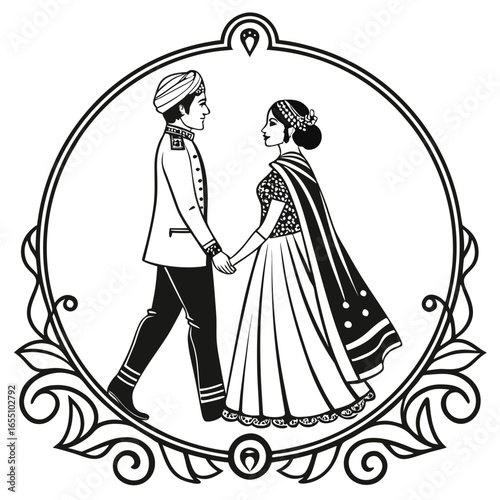 Elegant Wedding Celebration Black and White Line Art Featuring a Romantic Couple Embraced Within a Floral Heart